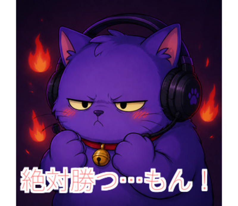 ゲーマー病み猫のひとこと スタンプ「絶対勝つ…もん!」